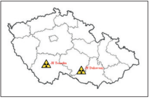 mapa ČR s vyznačením JE Temelín a Dukovany